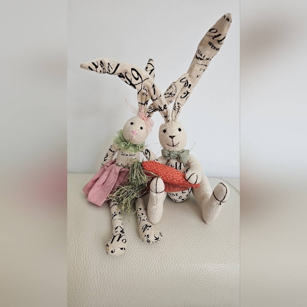 Vintage Look Easter Spring Bunny Plush Set with Carrot Stuffed Animal Toy Decor